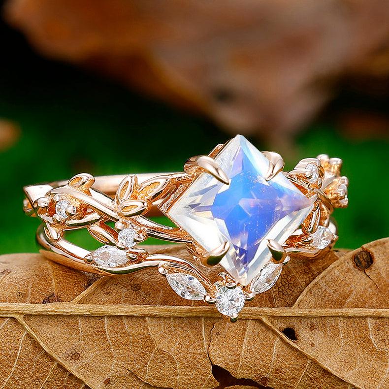 2CT Princess Cut Moonstone Engagement Ring Set Women Dainty