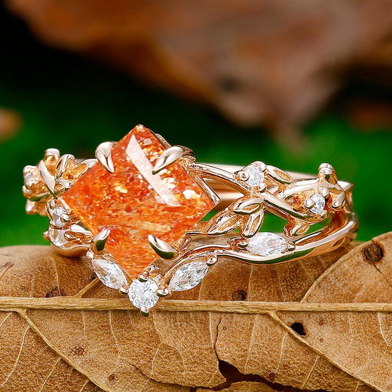 2CT Princess Cut Nature Sunstone Engagement Ring Set Women Dainty Anniversary Ring Set - Esdomera