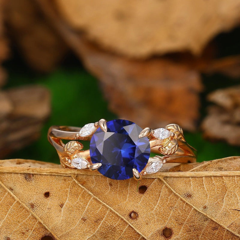 2CT Round Shaped Sapphire Wedding Enagement Ring Nature Inspired Leaf Promise Ring 14k Soild Gold - Esdomera