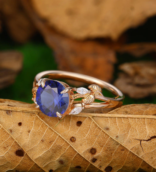 2CT Round Shaped Sapphire Wedding Enagement Ring Nature Inspired Leaf Promise Ring 14k Soild Gold - Esdomera
