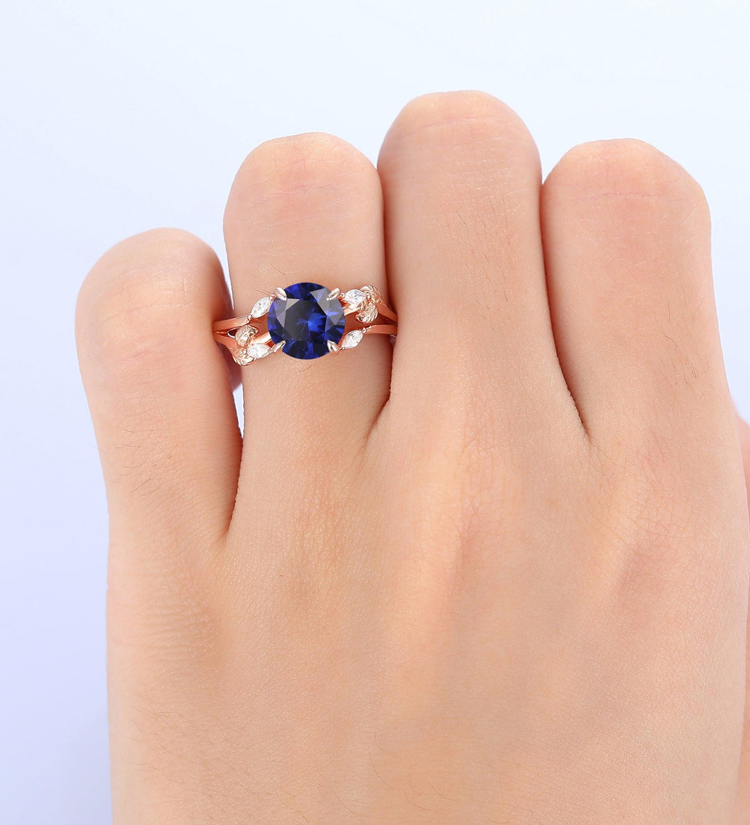2CT Round Shaped Sapphire Wedding Enagement Ring Nature Inspired Leaf Promise Ring 14k Soild Gold - Esdomera