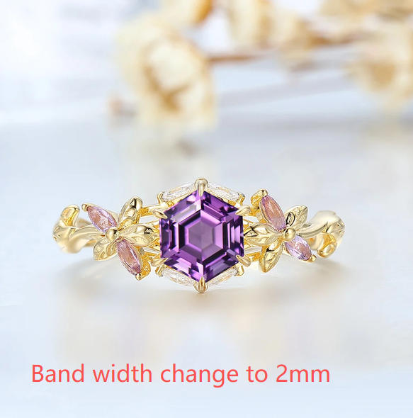 Custom Order - 2mm Band Width Hexagon Cut Amethyst Floral Bridal Ring