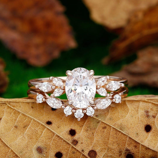 2pcs Antique Oval Shaped Moissanite Engagement Ring Set 14k Rose Gold Promise Bridal Ring Set - Esdomera
