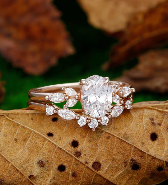2pcs Antique Oval Shaped Moissanite Engagement Ring Set 14k Rose Gold Promise Bridal Ring Set - Esdomera