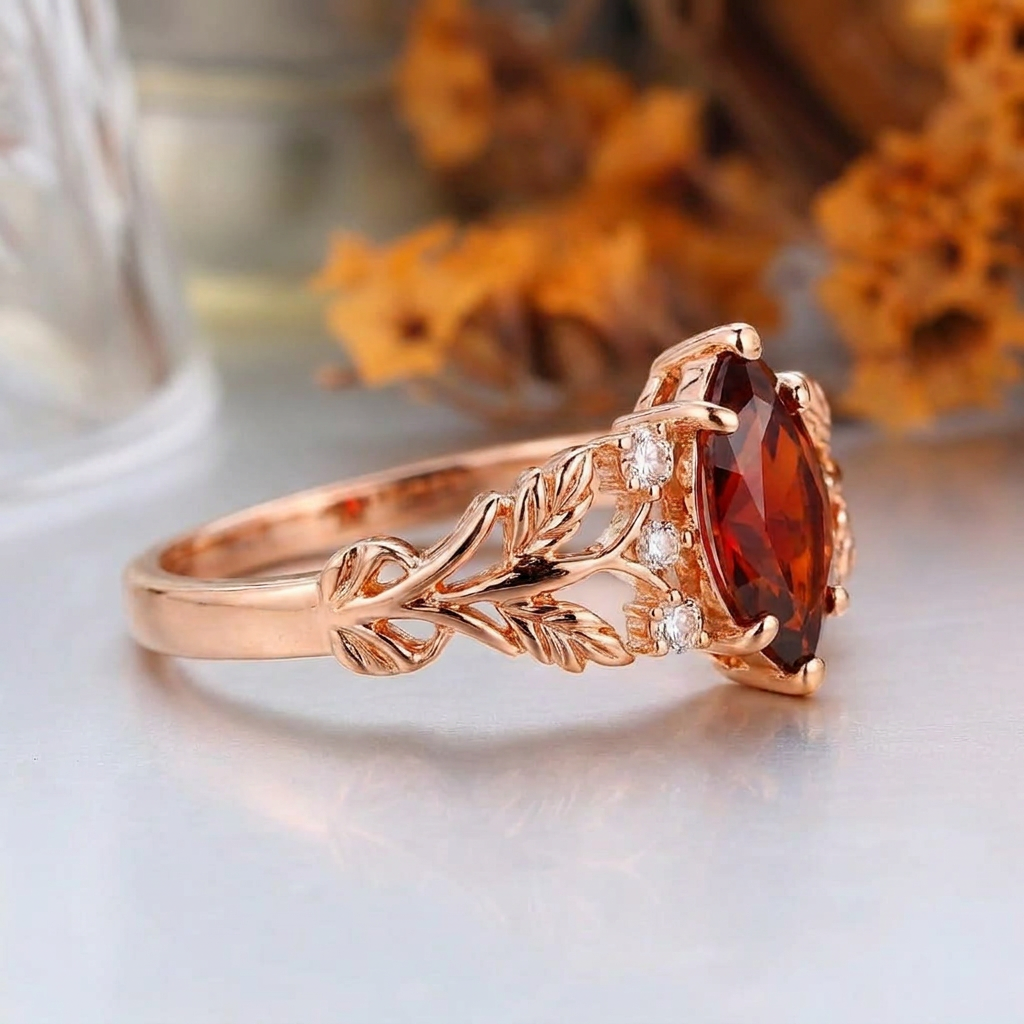 Oval Cut Natural Orange Garnet Vine Ring Set, 18K Solid Gold