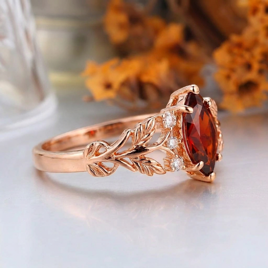 Oval Cut Natural Orange Garnet Vine Ring Set, 18K Solid Gold