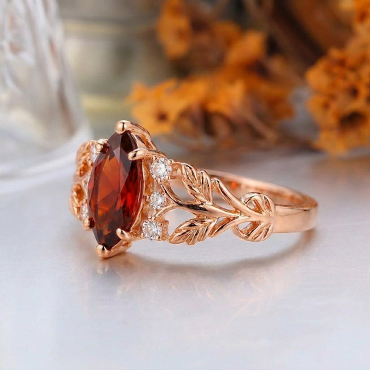 Oval Cut Natural Orange Garnet Vine Ring Set, 18K Solid Gold