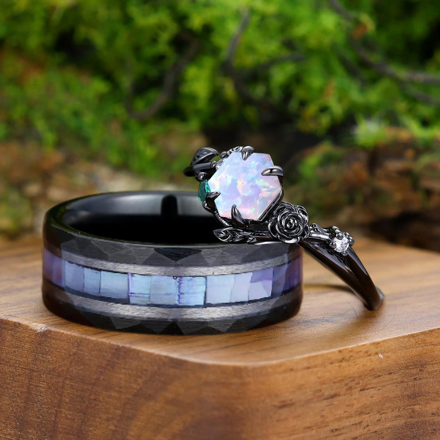 Anillos de boda personalizados para parejas "Él y Ella" con ópalo blanco rosa hoja de rosa, juego de anillos de cumpleaños