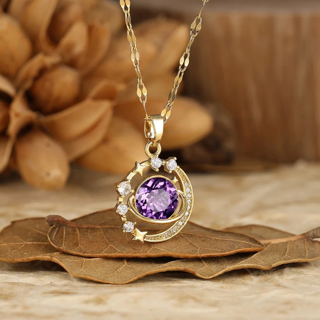 925 Zilveren Fijn Rond Natuurlijk Mos Agaat Maan en Sterren Hanger Ketting 14K Gouden Ketting