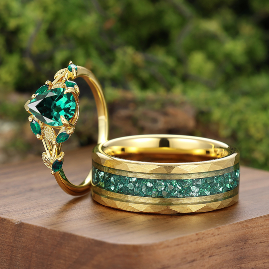 Leaf Inspired Pear Cut Emerald Rings For Couples Yellow Gold Plated Ring Set