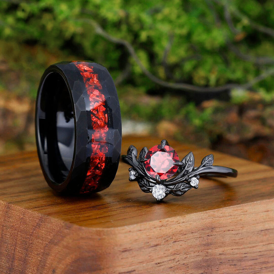 Noble Round Cut Red Garnet Leaves Couples Ring Set Wear-resistant Ruby Tungsten Matching Ring Set