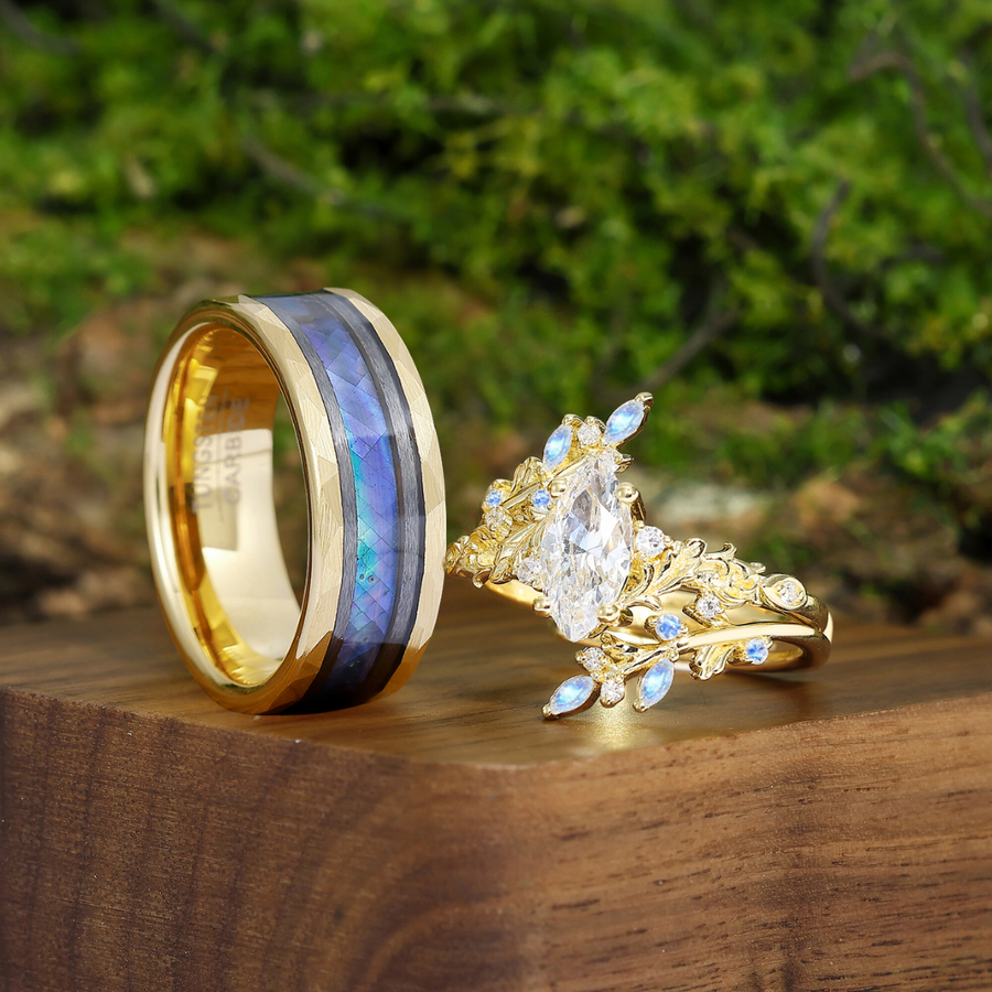 Unique Moissanite Blade Vine Engagement Couple Rings Set Matching Sky-Blue Tungsten His And Hers Wedding Bands -  Esdomera.com