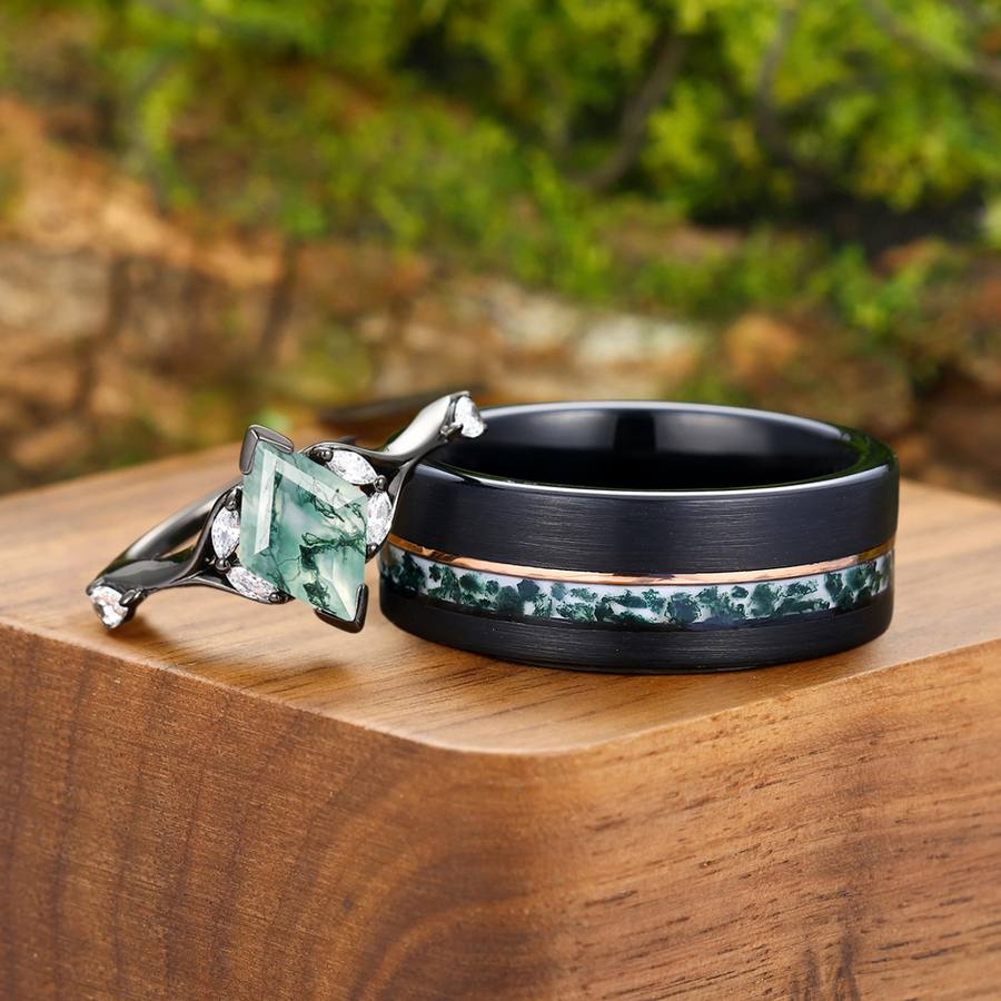 Art Deco Natural Moss Agate Engagement Couples Rings Matching Green Gemstone Tungsten Promise Wedding Band -  Esdomera.com