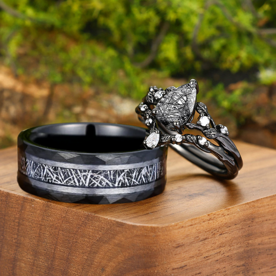 Stylish Black Rutilated Quartz Leaves Engagement Couple Rings Set Unique Tungsten Matching Promise Rings -  Esdomera.com