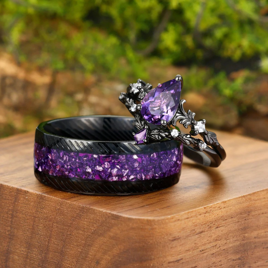 Filigreed Purple Amethyst His And Hers Ring Set Nature Inspired Amethyst Couple Rings