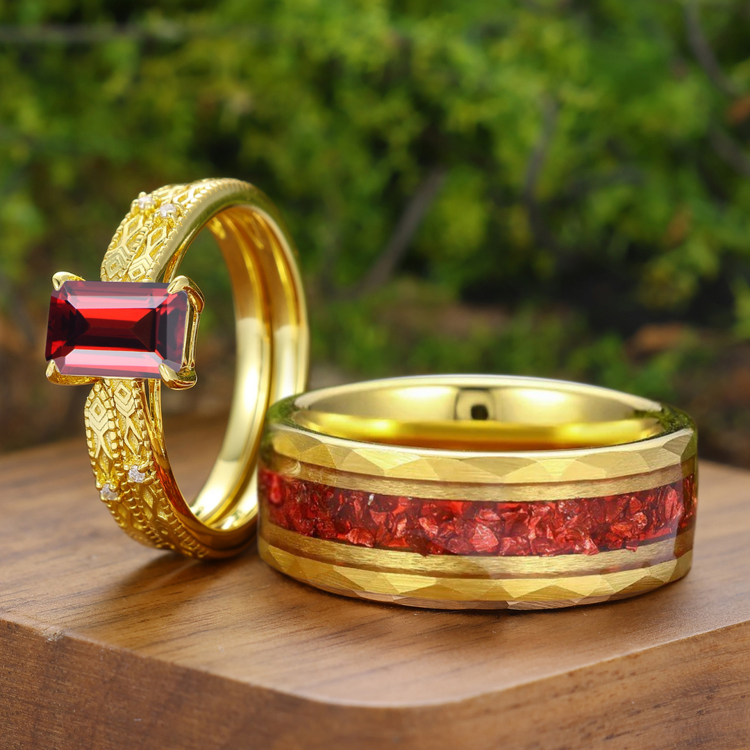 Vintage Natural Red Garnet Hand Engraved Yellow Gold Plated Couple Ring Set His And Hers Rings