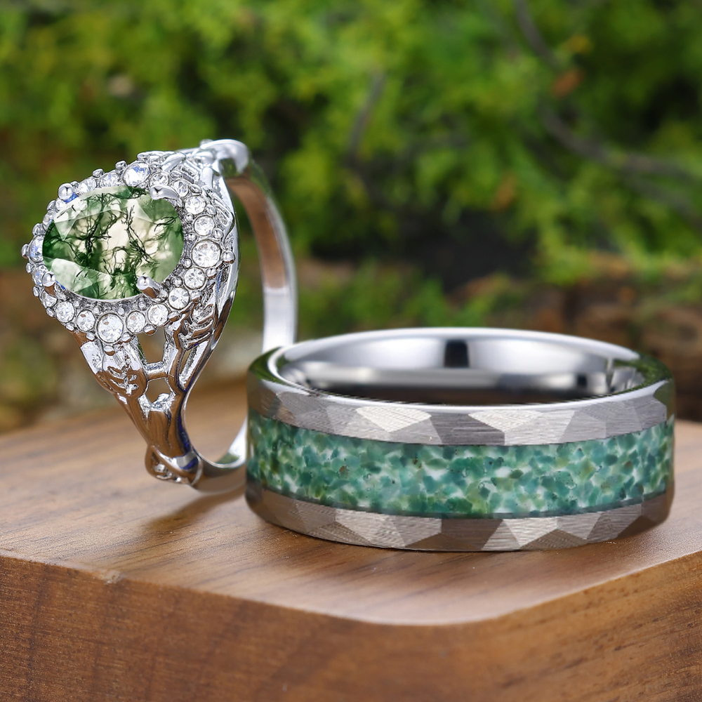 Anelli da Coppia Personalizzati con Agata Muschio Verde ovale a Corona Floreale - Set Unico di Fedi nuziali