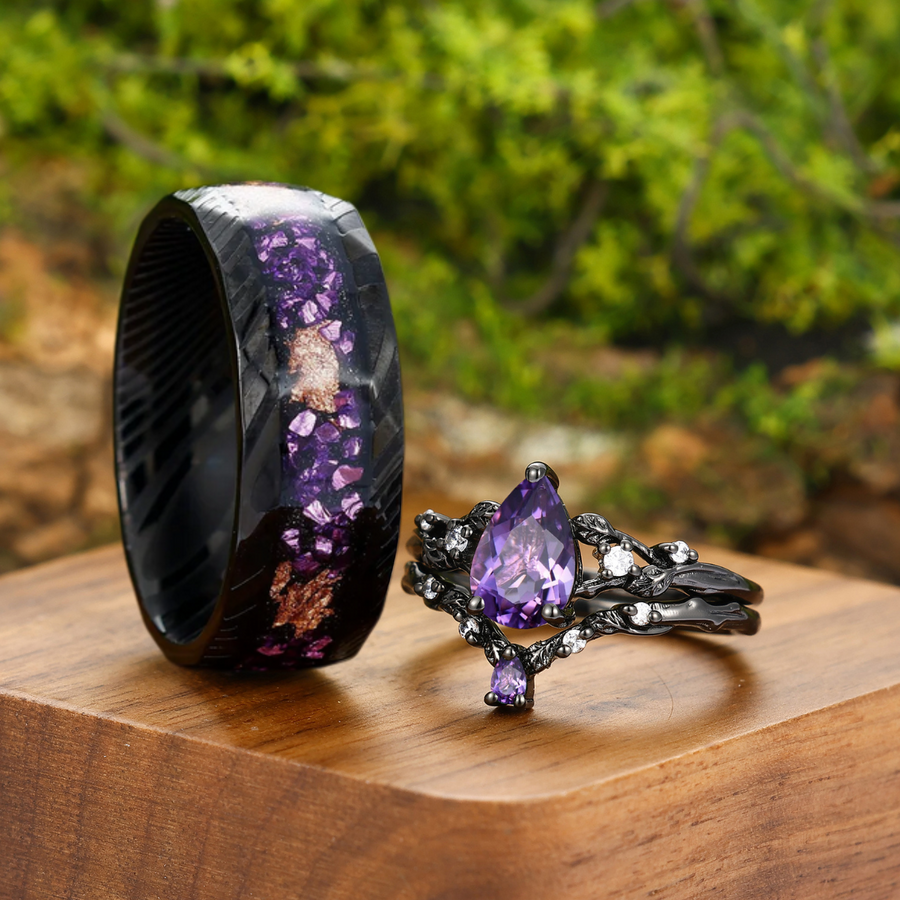 Conjunto de Anillos para Parejas de Amatista Púrpura Exquisita en Plata de Ley y Acero Damasco