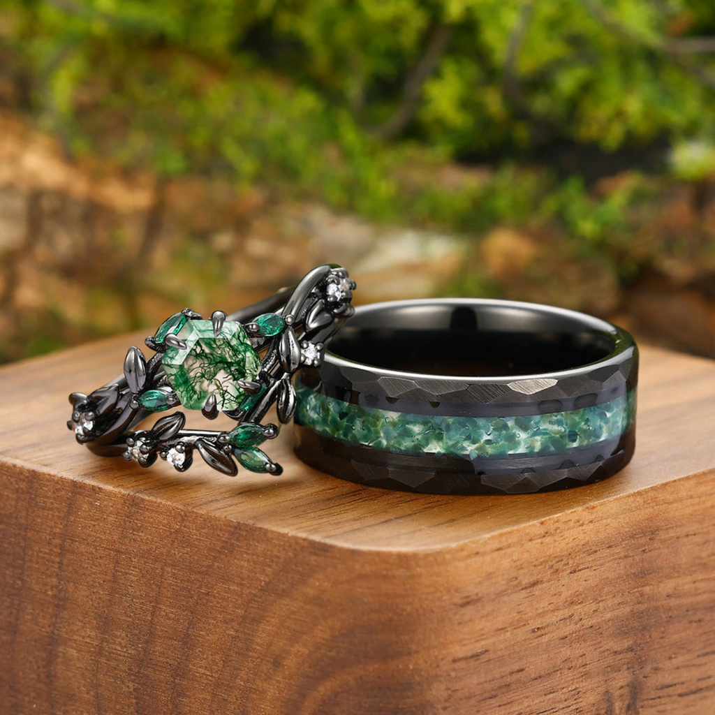 Exquisite Moss Agate Sprigs Engagement Couple Rings Set Promise