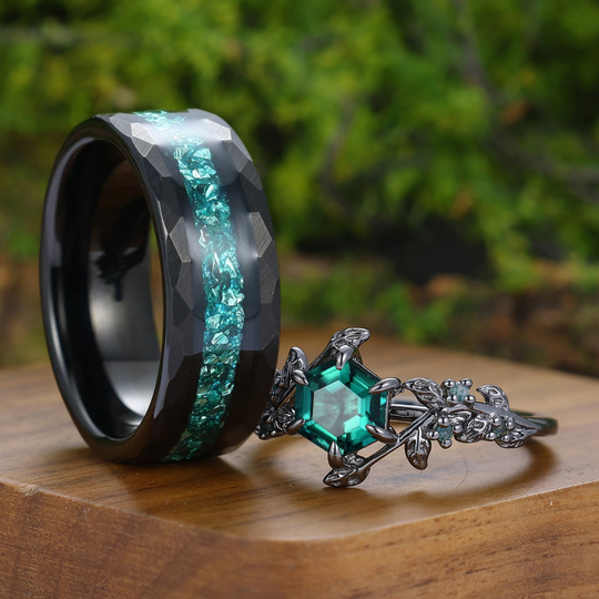 Hexagon Cut Emerald Sprig Leaf Couple Ring Green Emerald And Black His And Hers Rings