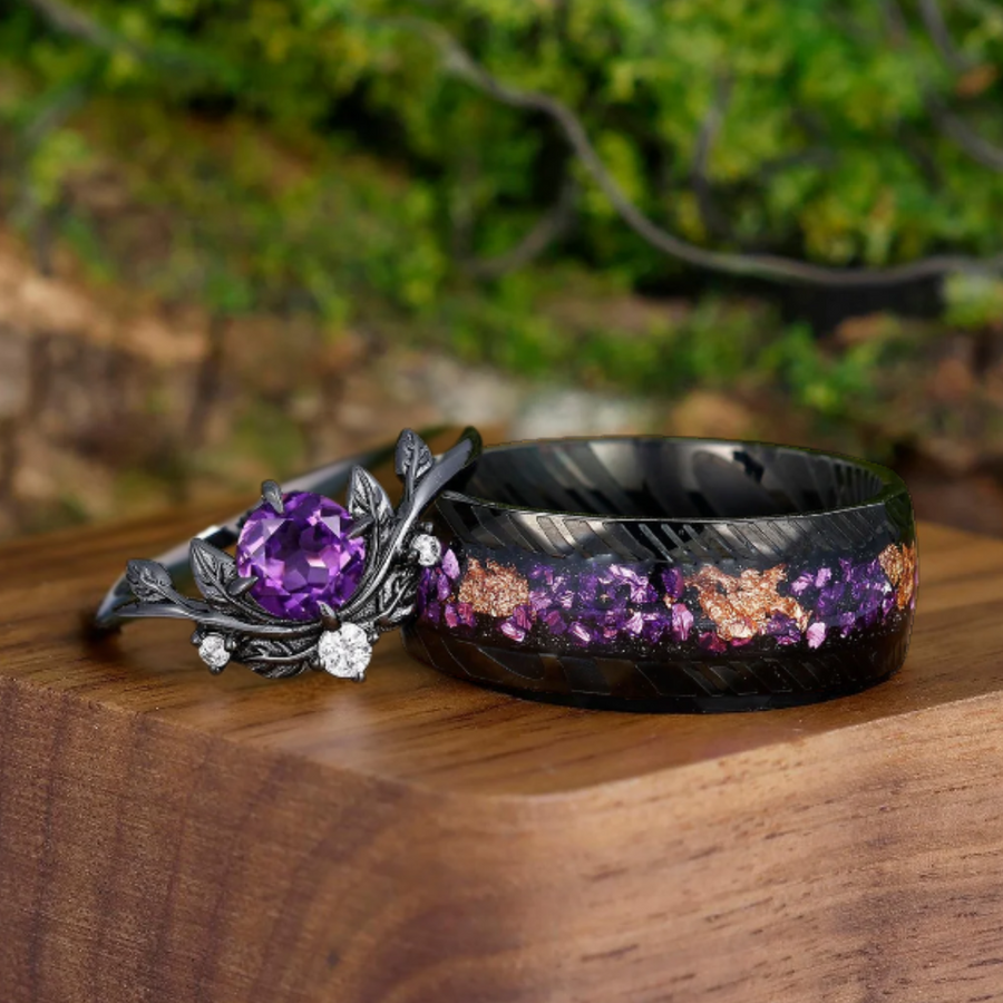 Prongs Setting Round Amethyst Branches Engagement Couple Rings Unique Promise Purple Anniversary Band -  Esdomera.com