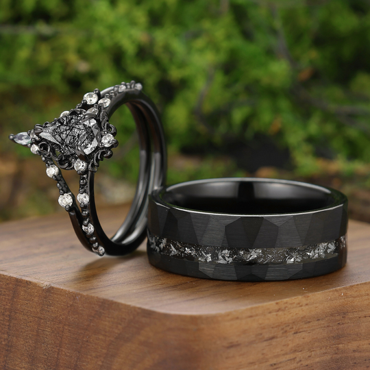 Ensemble de bagues pour couple en quartz rutile noir délicat avec filigrane milgrain Bagues uniques pour couple noir