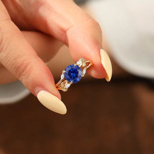 2CT Round Shaped Sapphire Wedding Enagement Ring Nature Inspired Leaf Promise Ring 14k Soild Gold -  Esdomera.com