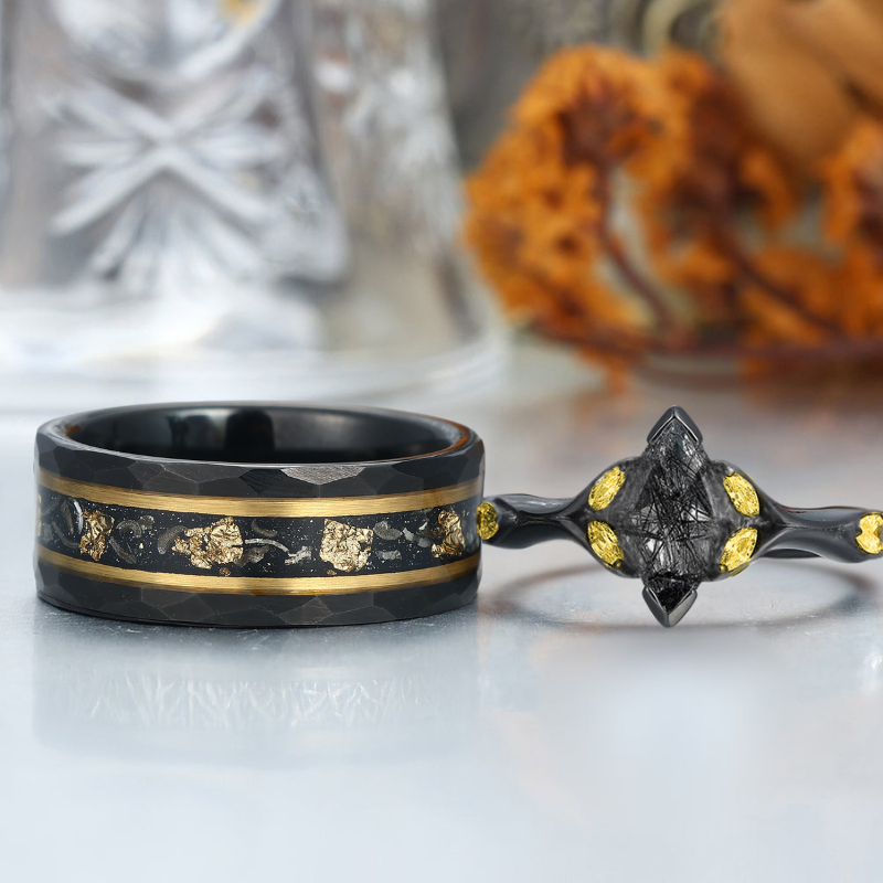 Alternative Black Rutilated Quartz Couple Rings Black And Gold Promise Rings For Couples -  Esdomera.com