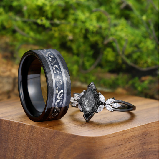 Delicate Petal Cluster Black Rutilated Quartz Engagement Couple Rings Matching Promise Wedding Bands