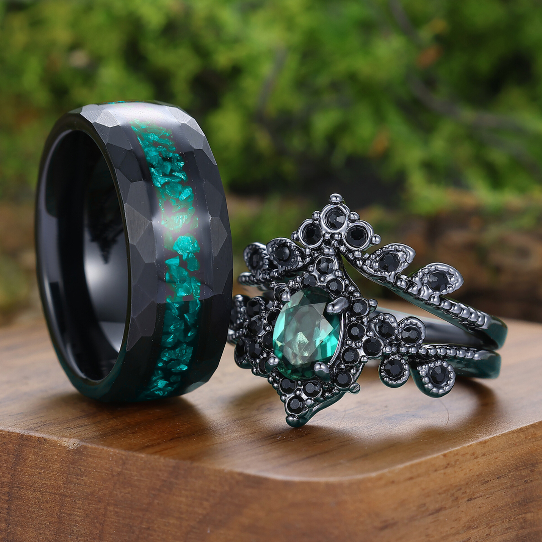 Dunkler Luxus Gothic Blumen-Set Verlobungsringe Smaragd Paarringe Silber und Wolfram His-and-Hers