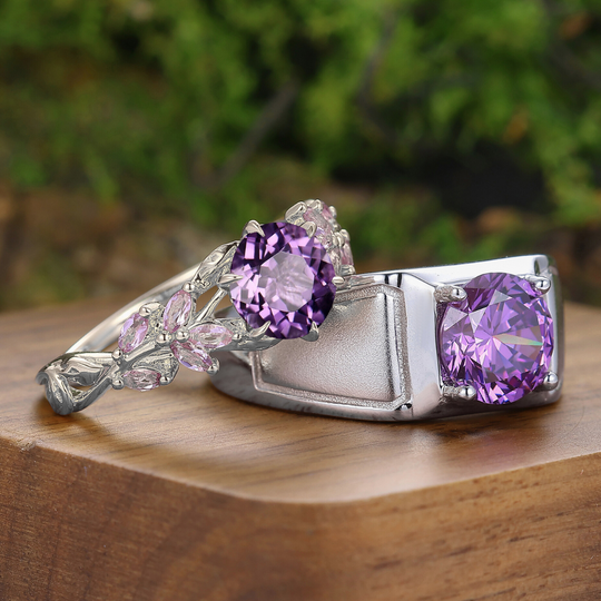Blad Geïnspireerde Ronde Natuurlijke Amethist Paar Ringen 925 Zilver Zijn En Haar Ringen