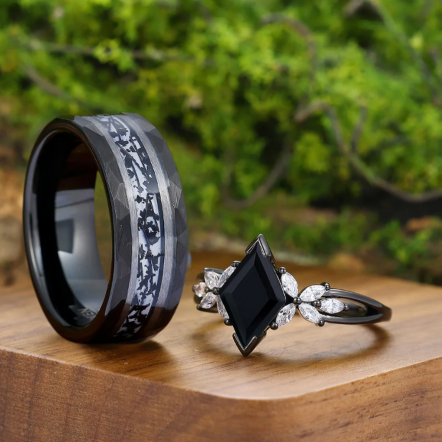 Stylish Black Onyx Deco Milgrain Moissanite Floral Couple Rings Matching Black Rutilated Quartz Inlay Tungsten Marriage Ring -  Esdomera.com