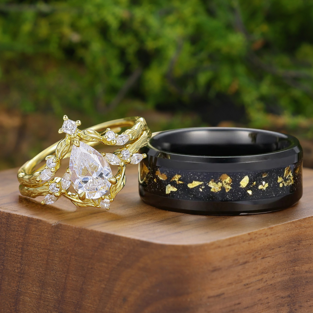 Noble Branch Design Perenvormige Moissaniet Set Verlovingsringen Geel Goud Verguld Matching Ringen