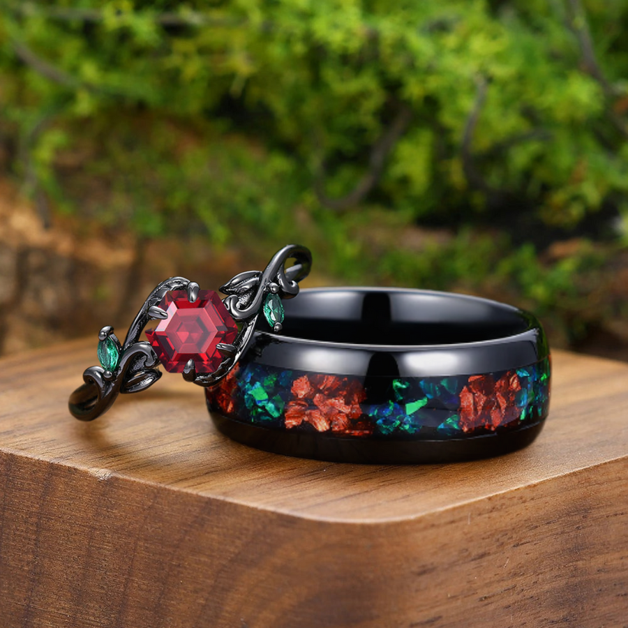 Art Deco Branch Natural Red Garnet Engagement Couple Rings S925 And Dome Tungsten His And Hers Wedding Band.