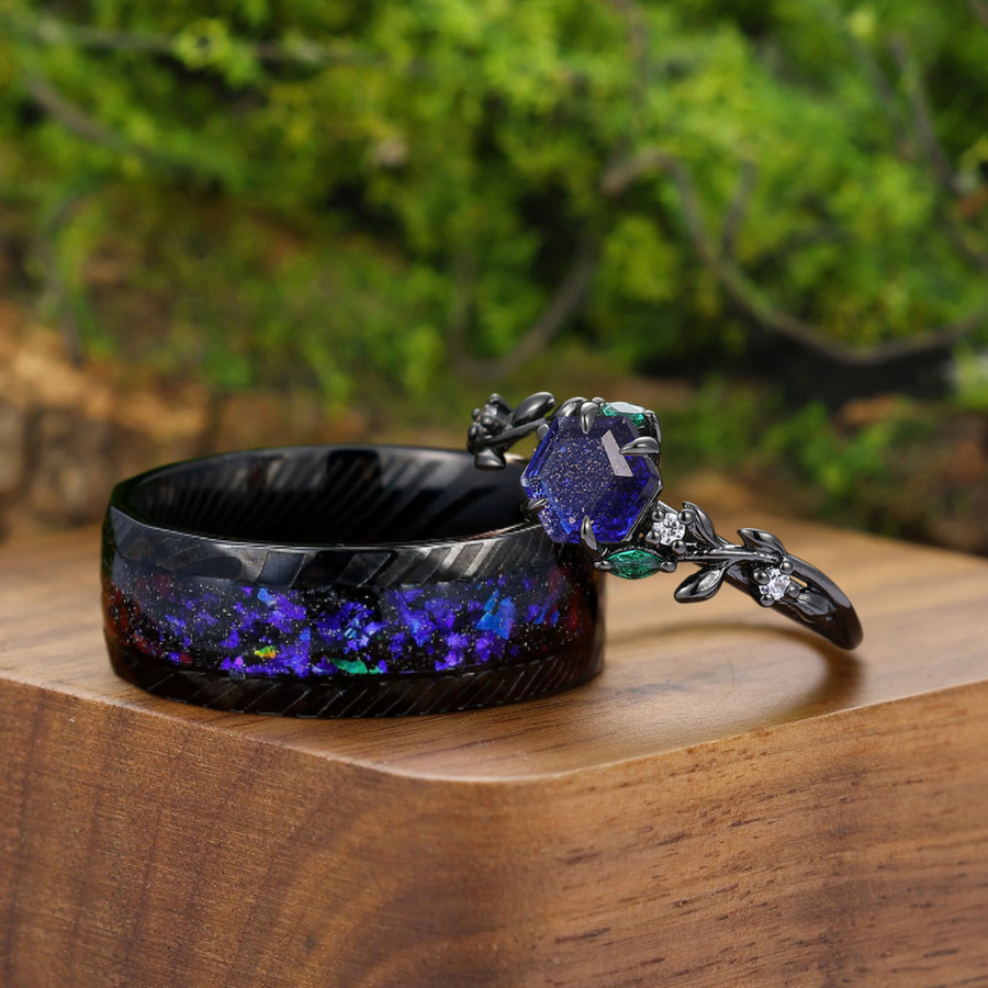 Aglisten Galaxy Sandstone Matching Engagement and Wedding Rings Blue Anniversary Couple Rings