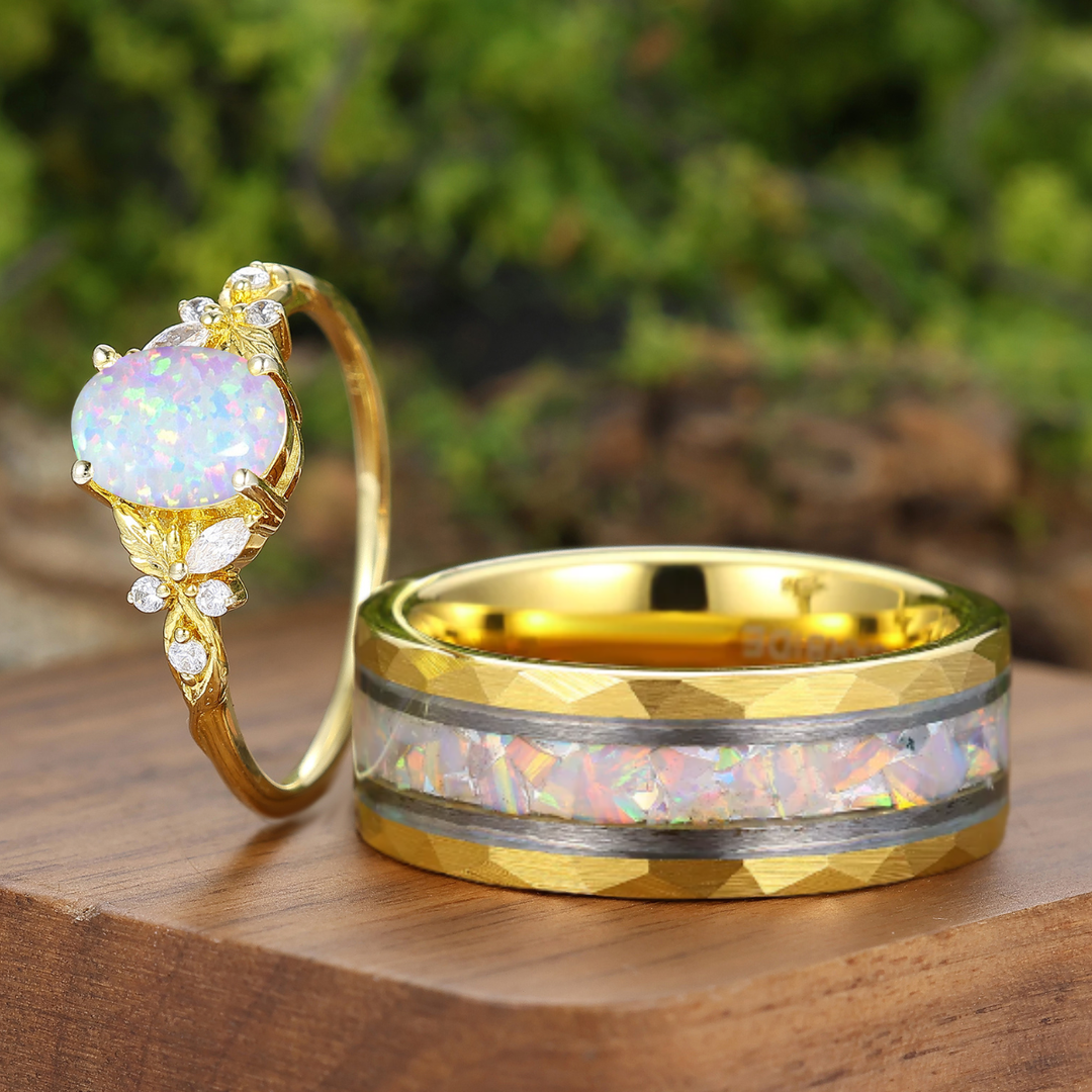 Anillos de pareja grabados con flores de ópalo blanco rosado Anillo de plata para ella Anillo de tungsteno para él