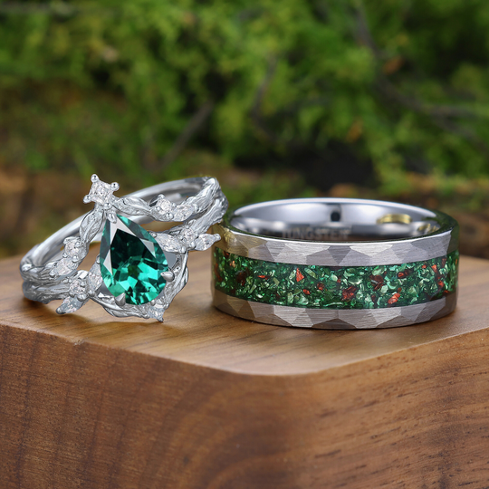 Exquisite Emerald Leaf Branch Couple Ring Set 3pcs Green His And Hers Rings Matching Ring For Women