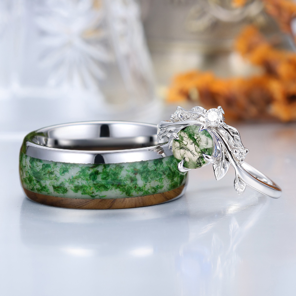 Brilliant Leaf Style Natural Moss Agate Couples Ring Set Sterling Silver And Tungsten Matching Ring