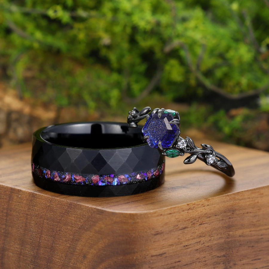 Unique Leaf Shape Galaxy Sandstone His And Hers Wedding Bands Hammered Black Plated Tungsten Couple Rings -  Esdomera.com
