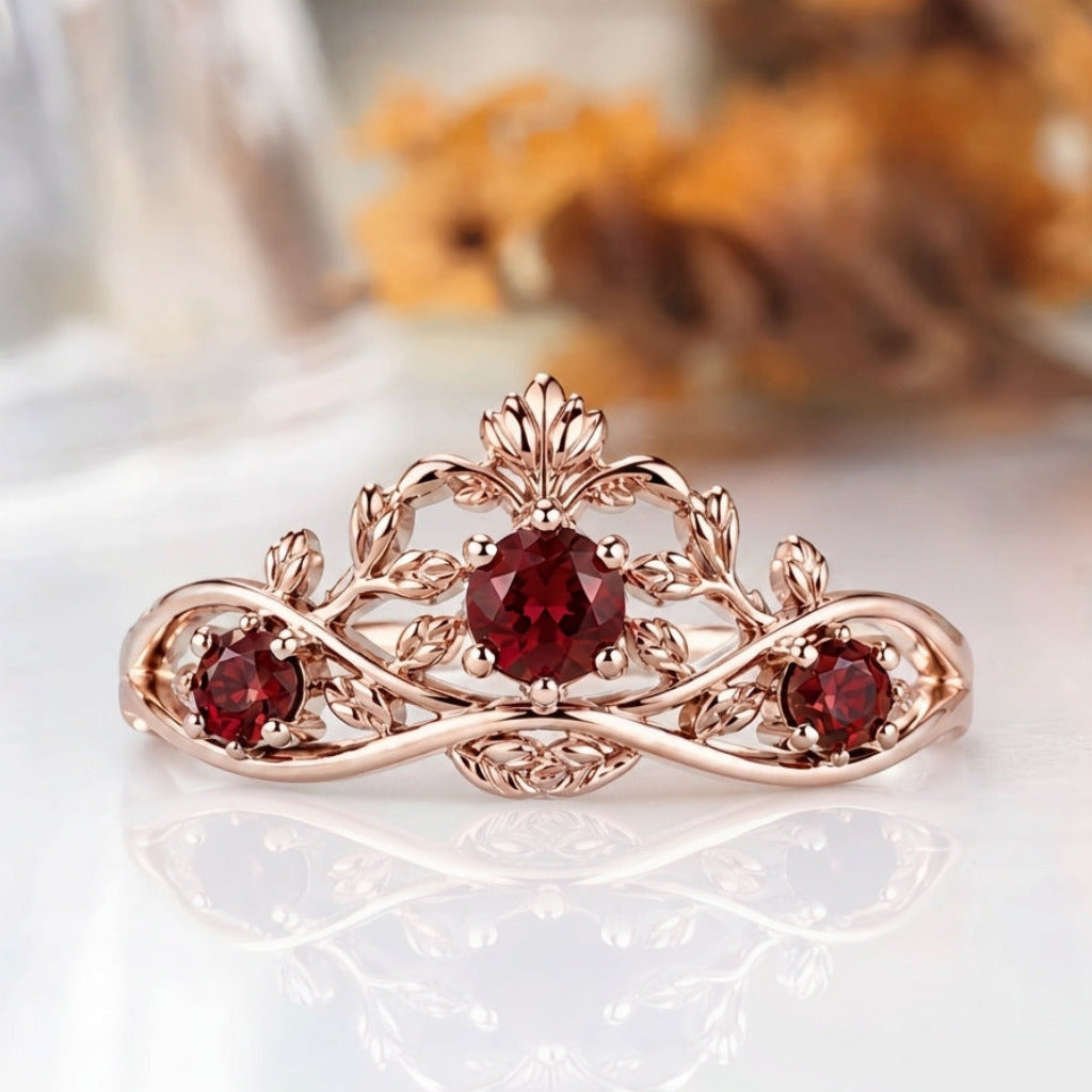 Vintage Botanical Three-Stone Garnet Engagement Ring