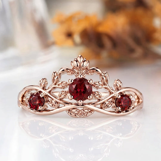 Vintage Botanical Three-Stone Garnet Engagement Ring