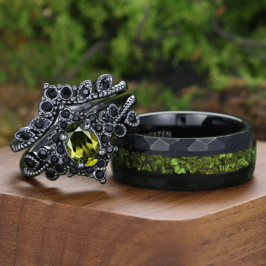 Gothic Style Oval Cut Peridot Milgrained Couple Rings Green Peridot Ring For Him And Her