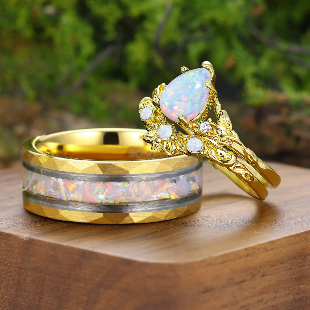 Leaf Branch Style Pink White Opal Couple Rings Yellow Gold Plated Rings For Him And Her