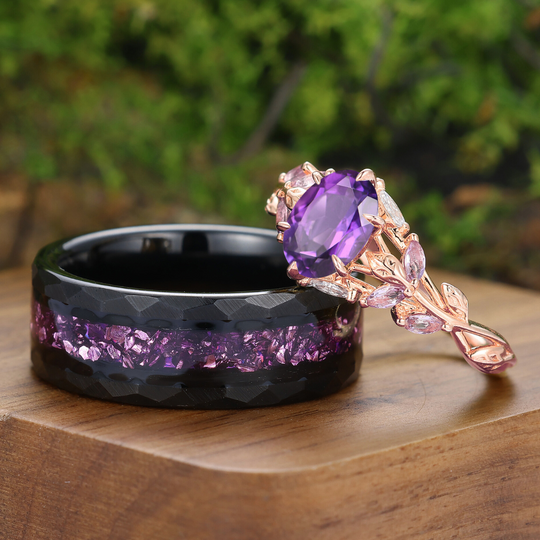Unique Round Cut Amethyst Branch Couple Ring Purple Ring For Women And Men