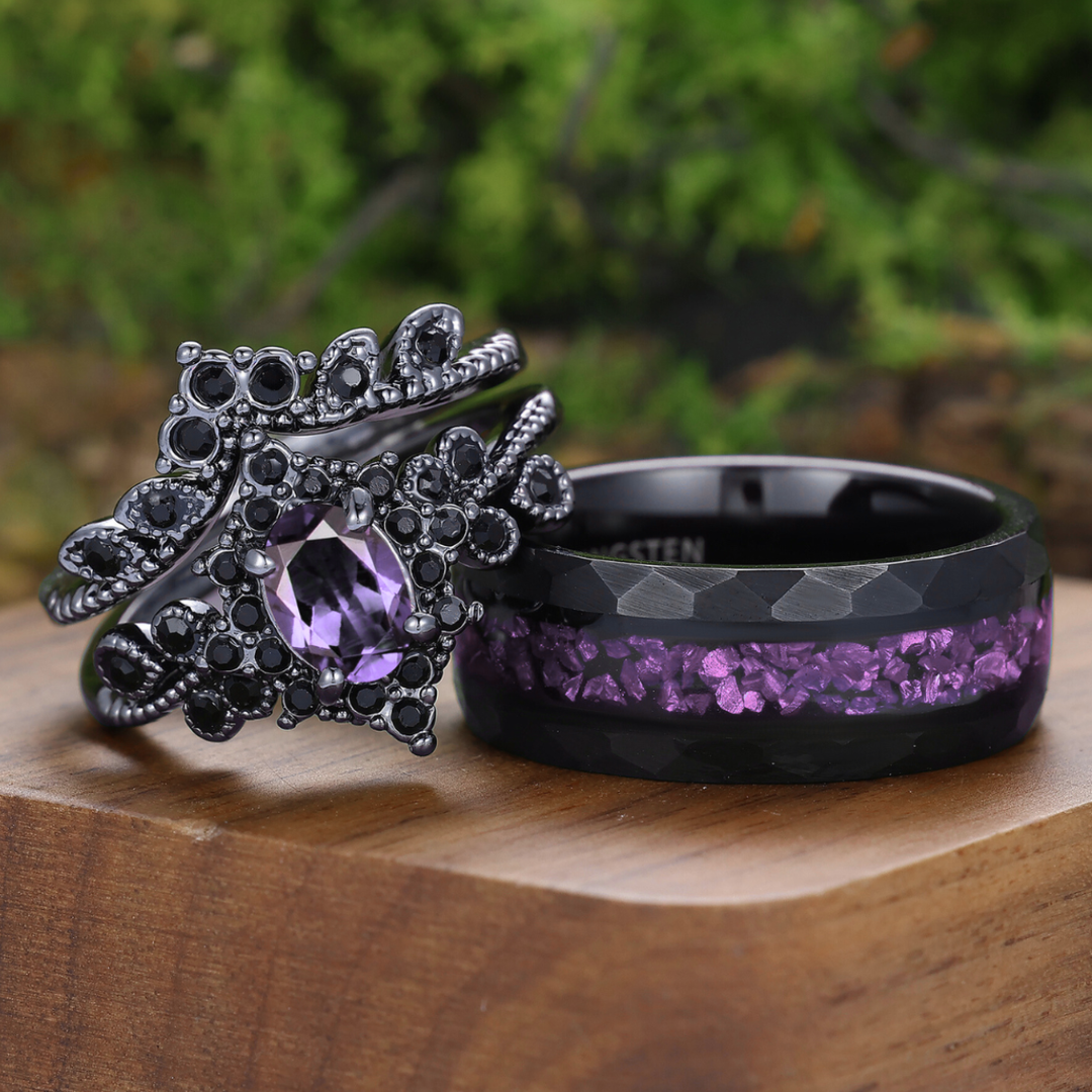 Gothic Vintage Style Natural Amethyst Milgrained His And Hers Rings Black Plated Couple Rings