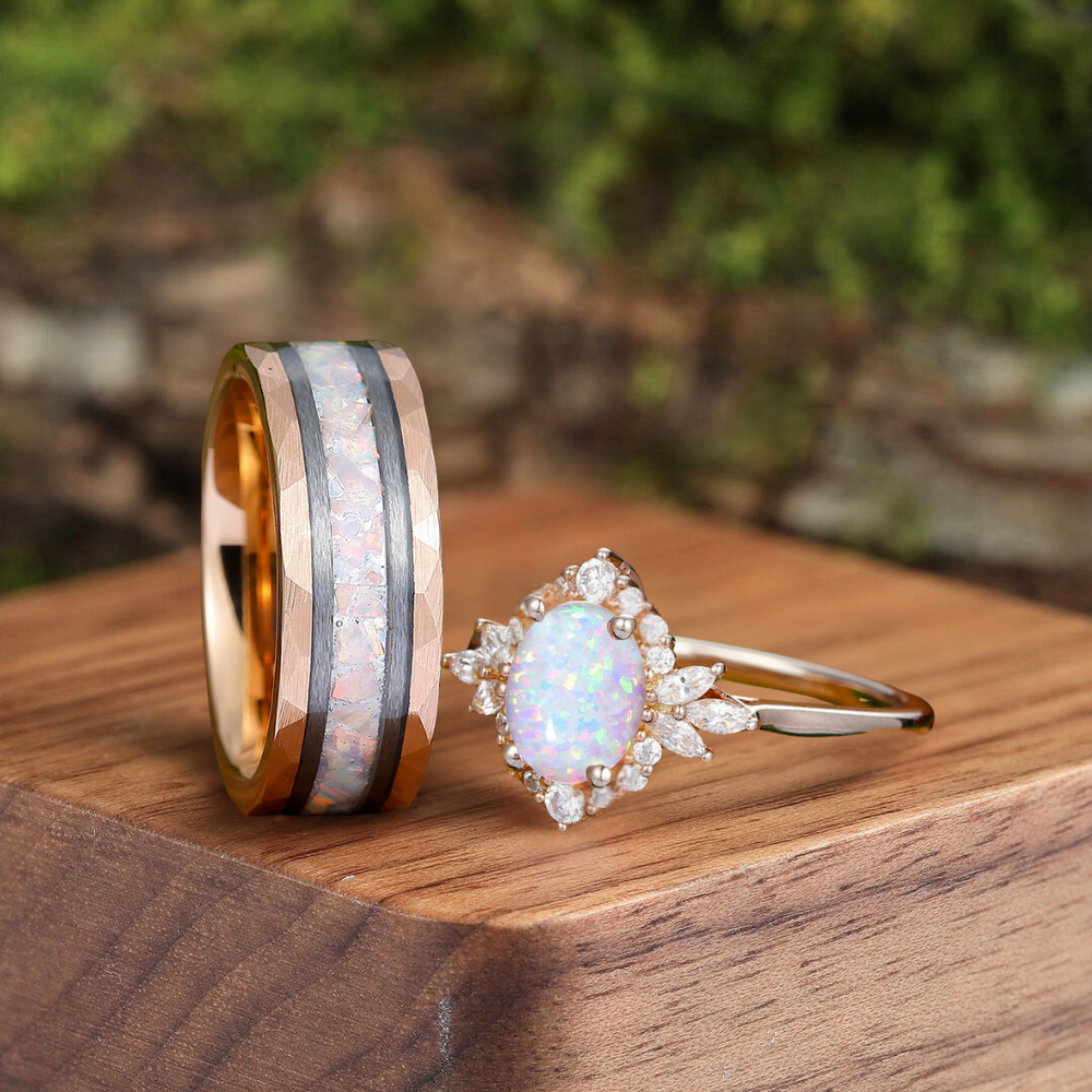 Retro Oval Pink White Opal Engagement Couple Rings Matching Tungsten His and Hers Wedding Promise Band