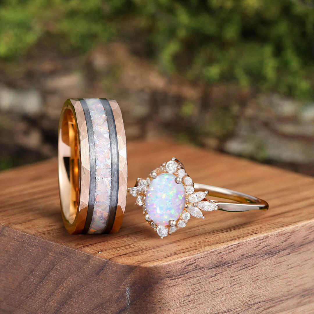 Retro Oval Pink White Opal Engagement Couple Rings Matching Tungsten His and Hers Wedding Promise Band