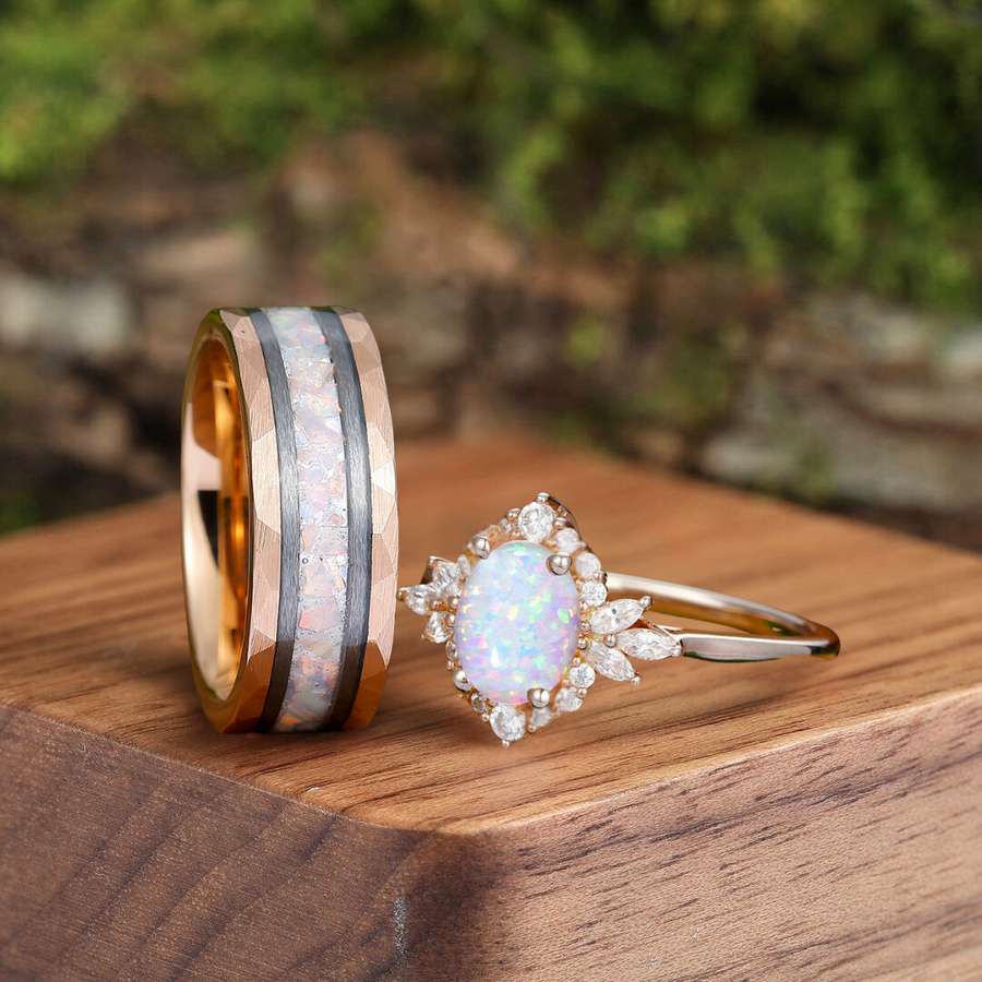 Retro Oval Pink White Opal Engagement Couple Rings Matching Tungsten His and Hers Wedding Promise Band -  Esdomera.com