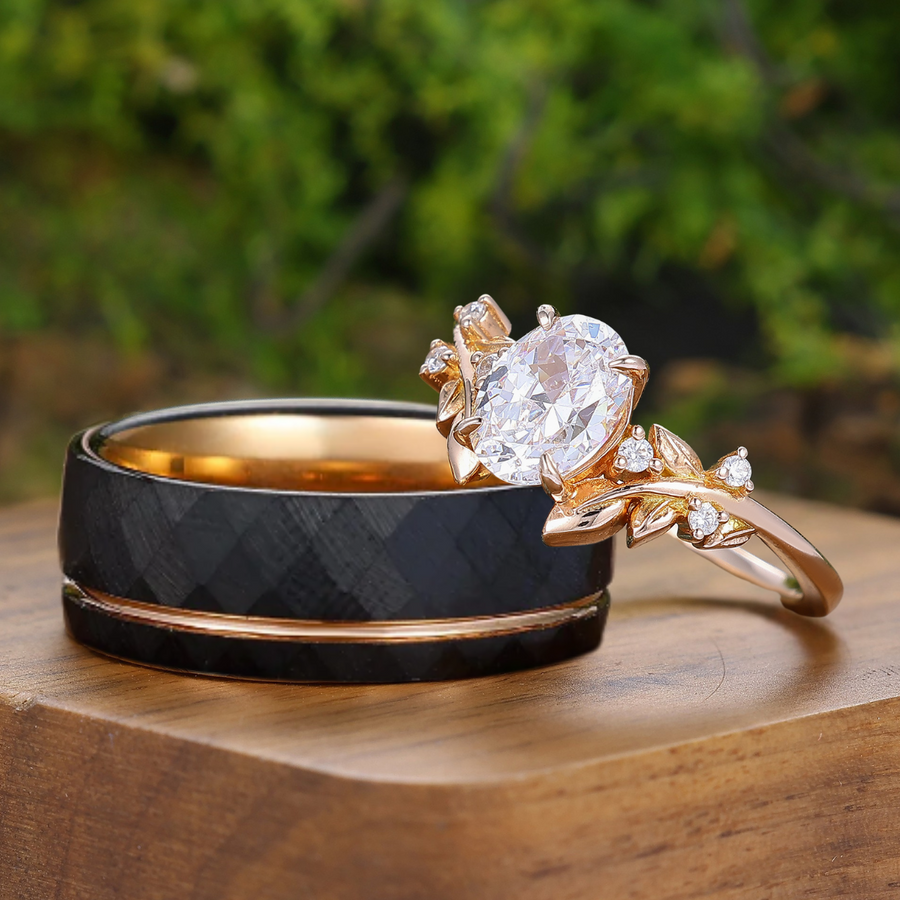 Unique Leaf Motif Oval Cut Moissanite Couple Rings Promise Ring For Men For Women