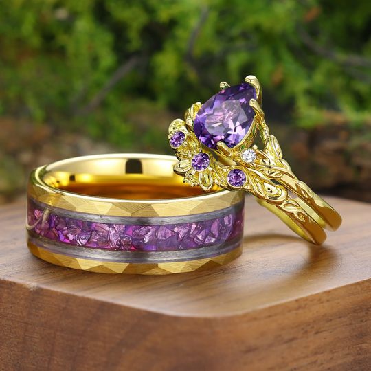 Leaf Inspired Pear Cut Amethyst Couple Rings Gold-plated His And Hers Matching Rings